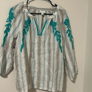 J Jill Love Linen 100% Linen Blue Embroidered Blouse Coastal Cottagecore Size M